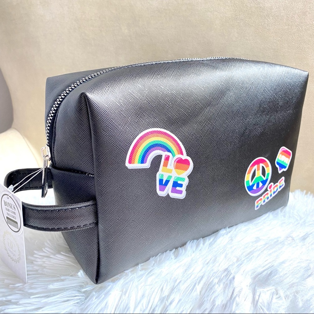 Large Vegan Black Cosmetic Travel Bag Rainbow Pride LGBTQIA+ Peace